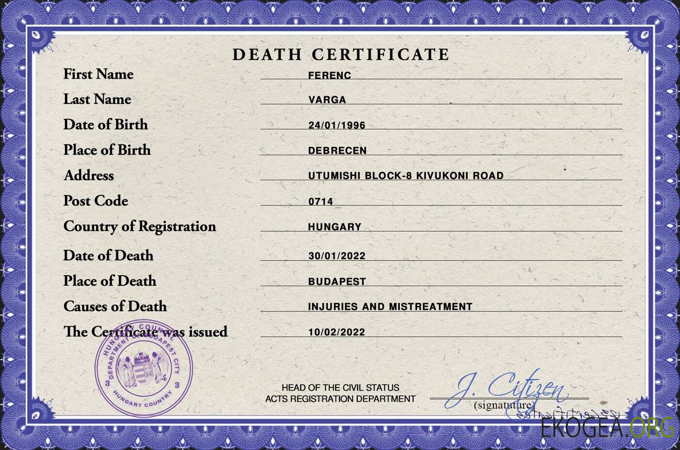 Hongrie acte d'état civil certificat de décès PSD